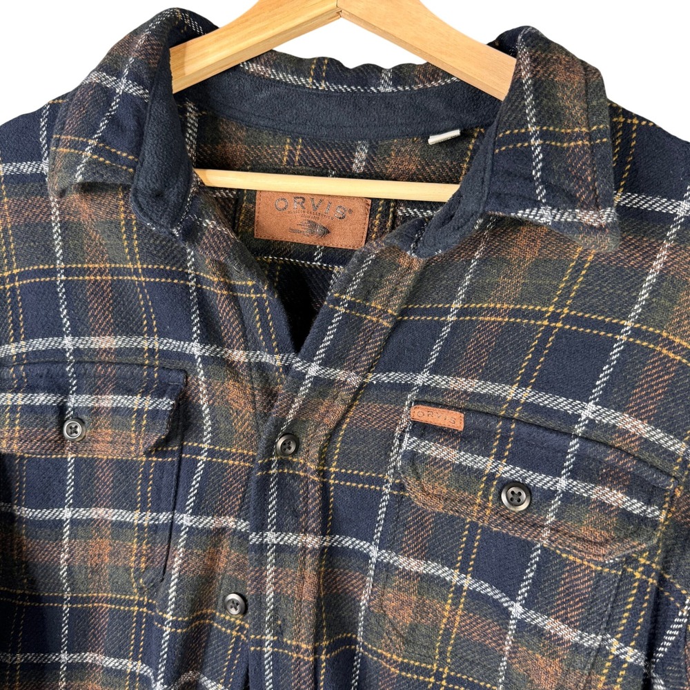 Orvis Classic Collection Mens Large Blue Brown Plaid Cotton Flannel Shirt